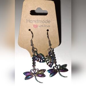 Iridescent Rainbow Titanium Plated Dragonfly Dangle Earrings